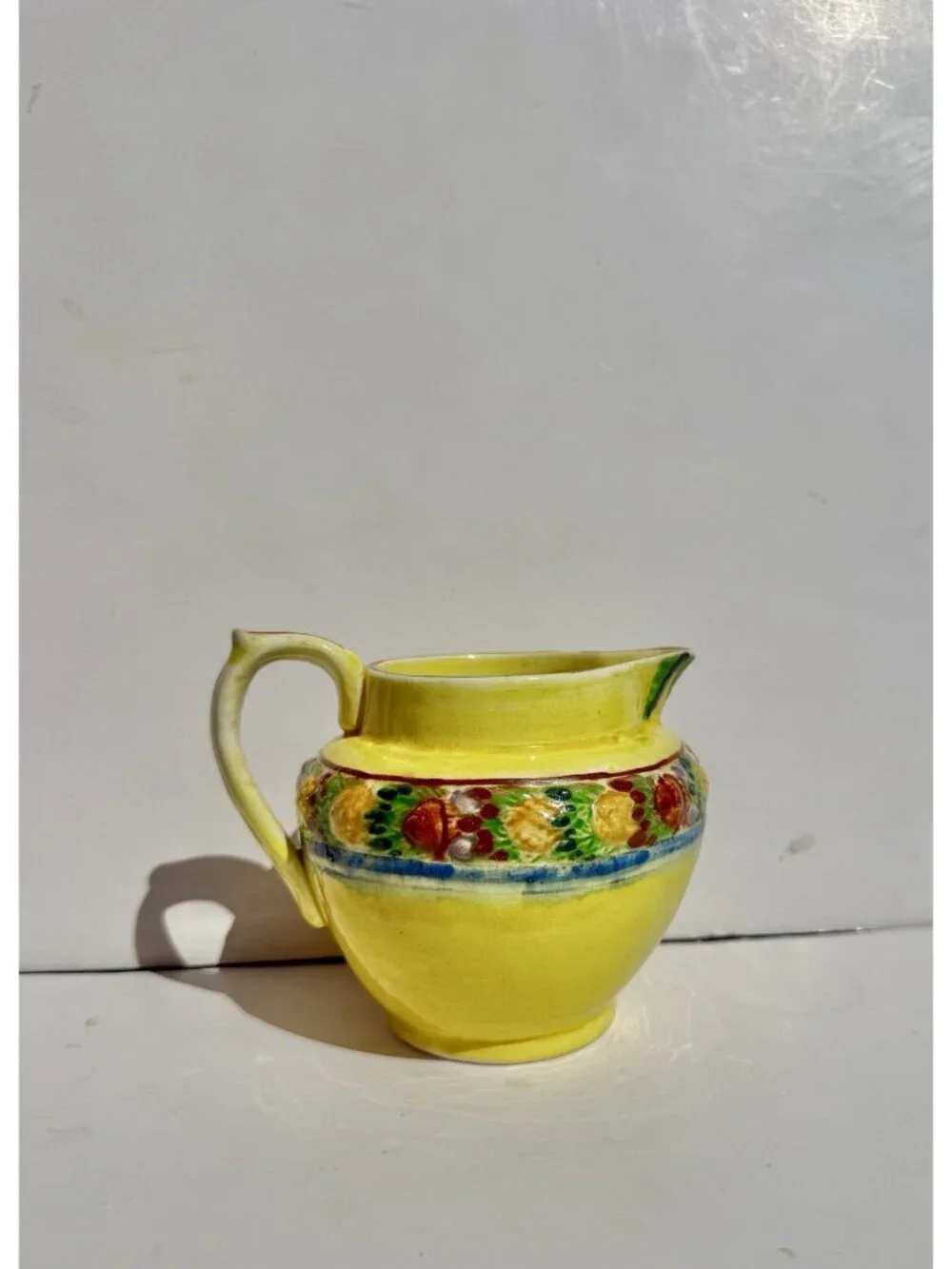 Vintage Hand Painted Yellow Ceramic Pitcher Fruit Pattern  Country Kitchen Japan